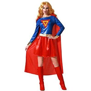 Atosa Superheldenkostuum voor dames, volwassenen, superheroïne, compleet kostuum, cosplay, cartoonfiguur, korte jurk met cape, blauw, rood, goud, party, Halloween, carnaval, XS-S