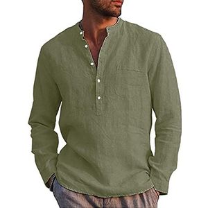 LVCBL Henley Overhemd voor heren, met lange mouwen, vrijetijdshemd, linnen overhemd, regular fit, Legergroen, XL