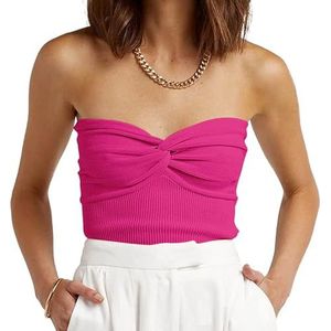 EFAN Womens Tube Tops Summer Sweater Twist Knot Front Knit Bandeau Strapless Ribbed Sleeveless Y2K Corset Crop Top Hot Pink S