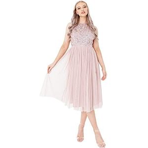 Maya Deluxe Dames Midi Jurk met houder Nek Tulle voor Evening Afstuderen Prom Bruiloft Bruidsmeisjesjurk, frosted pink, 54 NL
