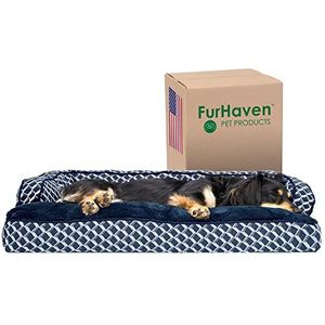 Furhaven Kussen hondenbed voor middelgrote en kleine honden met afneembare kussens en wasbare hoes - pluche en geweven decor comfortabele bank - diamant blauw, medium