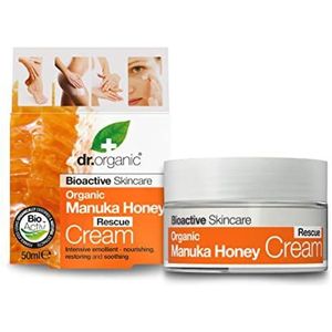 Dr. Organic Manuka Honey Rescue Cream, droge huid, heren, dames, natuurlijk, vegetarisch, dierproefvrij, parabenen- en SLS-vrij, gecertificeerd biologisch, 50 ml, verpakking kan variëren