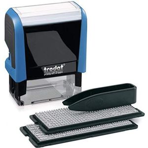 Trodat Fai-Da-Te Printy 4913 Typo, zelfkleurende blauwe stempel, 58 x 22 mm, max. 5 regels, inclusief zwarte inktcartridge, met pincet en 2 sets tekens, symbolen en cijfers