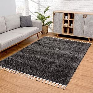 carpet city Vloerkleed woonkamer - Shaggy hoogpolig antraciet - 80x150 cm effen - moderne tapijten met franjes