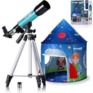 Bresser Junior refractietelescoop 50/360 voor kinderen - Astronomie startset met tent, refractortelescoop, statief, azimutale montering, oculairen en zenithspiegel