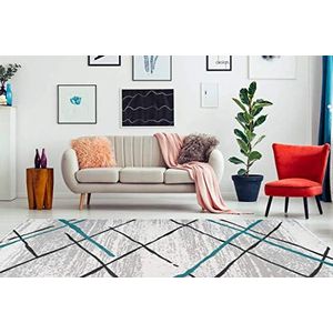 One Couture modern tapijt vintage look lijnen strepen ruiten tapijten grijs blauw wit woonkamertapijt eetkamer tapijt vloerkleed vloerloper hal loper, afmetingen: 160cm x 230cm