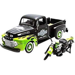 Maisto Ford F-1 Pickup Focus 48 + FL Panhead ASE48: getrouw modelauto met motorfiets 1:24, deuren om te openen, klaar model, 18 cm, zwart-groen (532171)