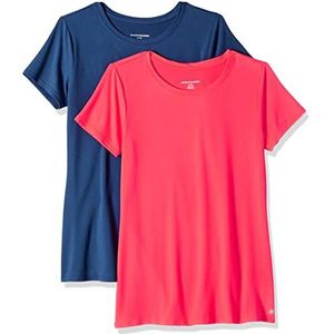 Amazon Essentials Dames Tech Stretch T-shirt met korte mouwen en ronde hals (verkrijgbaar in grote maten), 2-Pack, Helderroze/Marineblauw, L