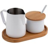 APS - 631 - Melk- en Suikerset - Wit - 5-delige Set, Bamboe, Roestvrij Staal, Anti-aanbaklaag