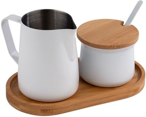 APS - 631 - Melk- en Suikerset - Wit - 5-delige Set, Bamboe, Roestvrij Staal, Anti-aanbaklaag