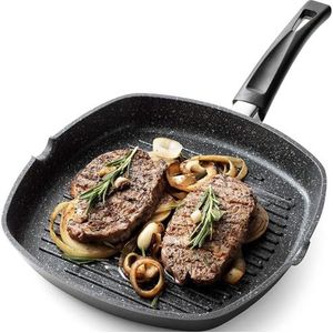 Grillpan, antiaanbaklaag, 24 cm, geschikt voor inductie, soft-touch handgreep, van gegoten aluminium, rechthoekige grill (24 cm)