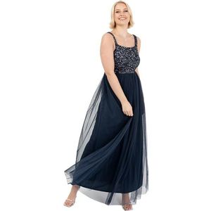 Maya Deluxe Vrouwen Dames Maxi Jurk Brede Bandjes Mouwloze Vierkante Hals Versierd voor Bruiloft Gast Prom Bruidsmeisje, marineblauw, 48