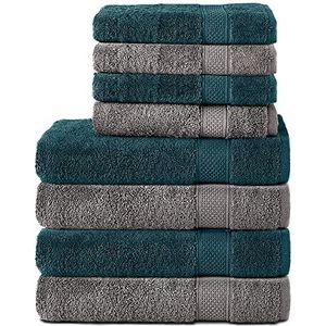 Komfortec 8-delige handdoekenset van 100% katoen, 4 badhanddoeken 70x140 en 4 handdoeken 50x100 cm, zachte badstof, groot, antracietgrijs/petrol