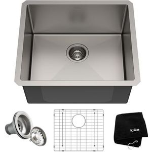 Kraus KHU101-21 Standart PRO 16 Gauge Onderbouw Enkele Kom Set (4 Item Bundel: Gootsteen, Bodemrooster, Afvoerassemblage, Keukenhanddoek), 21 inch, Roestvrij staal