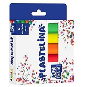 Oxford Plasticine/klei/kinderklei/zachte klei 6 stangen in kartonnen etui, heldere kleuren, wit, geel, rood, blauw, groen, zwart, extra groot, 400167089