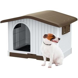 Aqpet Hondenhok van kunststof voor binnen en buiten, met verhoogde bodem en opklapbaar dak, voor kleine, middelgrote honden, 87 x 74 x 61 cm, bruin