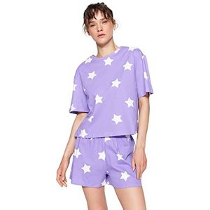 Trendyol Dames geometrisch patroon middelste gebreide T-shirt-korte pyjama set, lila, L, Lila, L