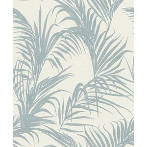 Rasch Behang 314014 - Licht vliesbehang in crèmewit met grote palmbladeren in blauw uit de collectie Deco Style