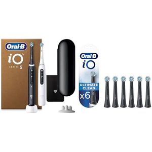 Oral B 4210201446354 iO 5 Plus Editie Duopack, Zwarte en Witte Elektrische Tandenborstels, 4 Opzetborstels, 1 Reisetui, Zwart/Wit & Oral-B iO Ultimate Clean Zwarte Opzetborstels, Verpakking Van 6