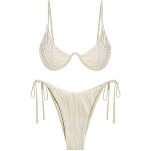 ZAFUL Women's Two Piece Bikini Sets Triangle High Cut Thong Bathing Suit Cami Padded Solid Swimsuits Beige S