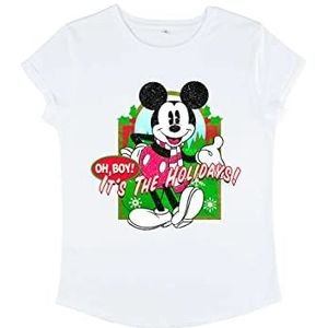Disney Classics Women's Classic-Vintage Vakantie Mickey Organic Roll Sleeve T-Shirt, Wit, S, wit, S