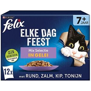 Felix Elke Dag Feest Senior Mix Selectie kattenvoer, natvoer met Tonijn, met Zalm, met Kip en met Rund in Gelei 12x85g- doos van 4 (48 portiezakjes, 4,08kg)