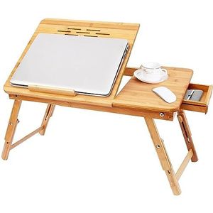 BATHWA Bamboe laptoptafel voor bed, in hoogte verstelbaar, opvouwbare bedtafel, laptopdesks met lade voor lezen of ontbijt 55 x 35 x 29 cm