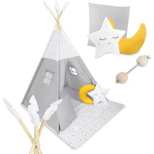 Nukido Tipi TEEPEE kindertent lichtgrijs met slinger, kussens, grote mat, stabilisator