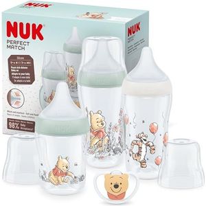 NUK Perfect Match Flessenset, 0-6 maanden, past zich aan het gehemelte van de baby aan, 3 anti-koliekflessen en Space fopspeen, BPA-vrij, Disney Winnie de Poeh, 4 stuks