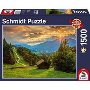 Schmidt Spiele 58970 Zonsondergang boven het bergdorp Wamberg, puzzel van 1500 stukjes