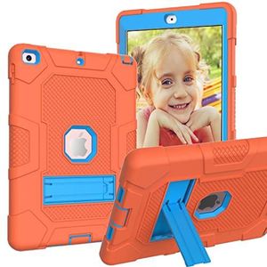 iPad 9.7 2018 hoes met standaard, duurzaam, schokbestendig, harde hybride drielaagse beschermhoes, softshell, Apple tablet, siliconen hoes (oranje + blauw)