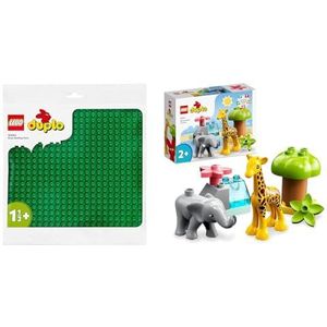 LEGO DUPLO Groene bouwplaat, Bouwen en Weergave Bord, 10980 & LEGO DUPLO Wilde dieren van Afrika Set, vanaf 2 Jaar met Safari Poppetjes, 10971