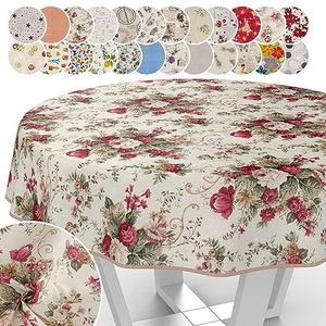 Tafelkleed van stof, textiel, afwasbaar tafellinnen, tafelzeil, katoen, polyester, rozen, rond, 140 cm, voor binnen en buiten