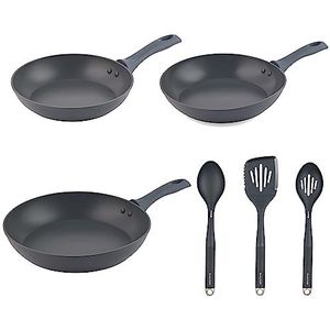 Salter COMBO-8695 Marino 6 Piece Utensil & Frying Pan Set - 24/28/30cm Non-Stick Induction Frying Pans, Forged Aluminium, Heat Resistant Nylon Utensils, Slotted Spatula, Slotted Spoon, Solid Spoon