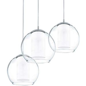 EGLO Bolsano Hanglamp met 3 lichtpunten, van staal en glas in chroom, wit, helder, eettafellamp, woonkamerlamp, hangend en met E27-fitting