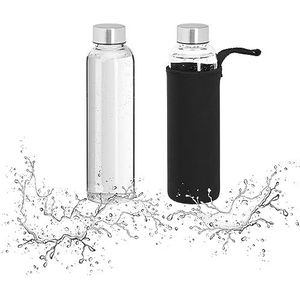 Relaxdays glazen waterfles, set van 2, 500 ml, anti-lek, drinkfles met hoes, HxØ: ca. 23,5 x 6,5 cm, transparant/zwart