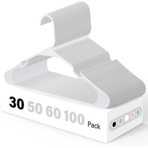 Plastic hangers, 30 stuks, ruimtebesparende, dunne hangers, ruimtebesparende slanke hangers, heaving duty kledinghanger voor jassen, broeken, jurken, shirts, wit en zwart
