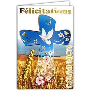 Gefeliciteerde kaart, communie, verguld, kruis, sparrenhout, tarwe, brood, wijn, druiven, bloemen, duiven, paar, paten, kerk, religie, gemaakt in Frankrijk