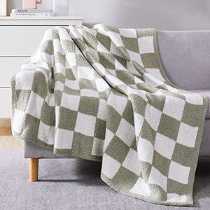 WRENSONGE Geruite deken, saliegroen, microvezel, zachte, knusse pluizige warme handgemaakte dekens voor bank, bank, stoel, bed, camping, picknick, reizen lichtgewicht beddeken - 127 x 177 cm