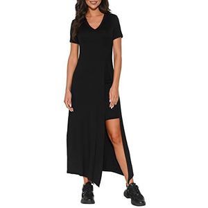 Numinou Dubbellaagse jurk | viscose | lange jurk | dames maxi | korte mouwen | strakke jurk | basic tight | elastisch | brutale hals, zwart, 40/42 NL