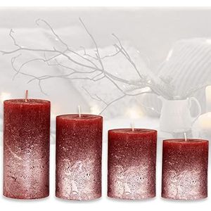 Candelo Set van 4 rustieke kaarsen Kerstmis - adventskaars - Bordeaux metallic zilver - 8/10/12/14cm - stompkaars adventskranskaars kerstkaars