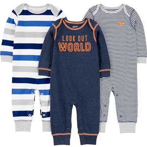 Simple Joys by Carter's Set van 3 jumpsuits voor babyjongens, grijs, meerdere strepen, marineblauw gestreept, 6-9 maanden
