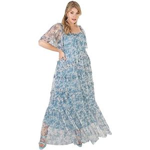 Womens Plus Size Maxi Jurk voor Dames Korte Mouw Flutter Mouw Ruche Pull Op Hoge Taille Vierkante Hals Zomer Blauw Maat 22, Blauw, 48