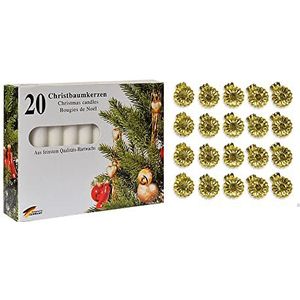 10210254GW - boomkaarsenset 40-delig, 20 gouden kaarsenhouders 15 mm en 20 witte kaarsen 13 x 10 mm, kerstboom, advent