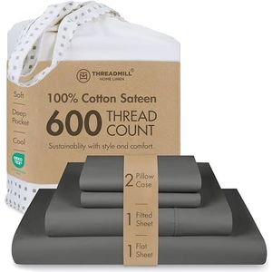 Threadmill Home Linen Kingsize lakens - 100% puur katoen Draaddichtheid 600, 4-delige satijnen weefpatroon, donkergrijs beddengoedset, comfortabele ELS gekamd katoen, effen lakens met elastische diepe