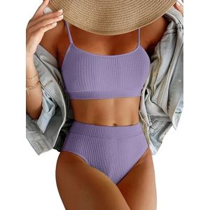 Lilosy Hoge Taille Buikcontrole Geribbelde Bikini Crop Top Braziliaanse Badpak Set 2 Stuk, Paars, M