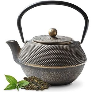 Tealøv THEEPOT GIETIJZER 1,1 Liter – GIETIJZEREN THEEPOT Arare in Japanse Stijl - Met Uitneembare Roestvrijstalen Theezeef – Binnenzijde Volledig Geëmailleerd – Thee blijft langer Warm - Goud