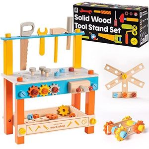 ROBUD Kinderwerkbank van hout met gereedschap en accessoires, gereedschapsbank met schroefstok, hamer, houten speelgoed voor kinderen vanaf 3 jaar, oranje
