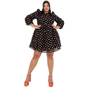 Dames Dames Mini Jurk Plus Size met Zakken Polka Dot Sleutelgat Terug Smock Lange Mouw Strikje Korte Curve Organza Maat 20 Zwart, Zwart, 46