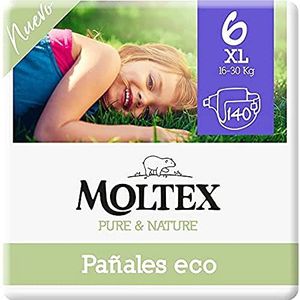 Moltex Pure & Nature Ecologische luiers, maat 6 (17-28 kg), 140 luiers (4 zakken à 35 stuks), wit met bedrukt design